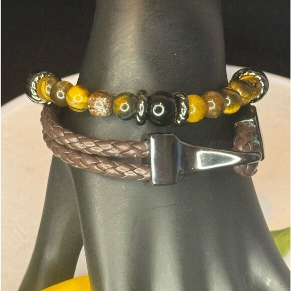 Guess 2 Piece Brown Leather & Marble Stretch Bracelet Unisex - Picture 2 of 6